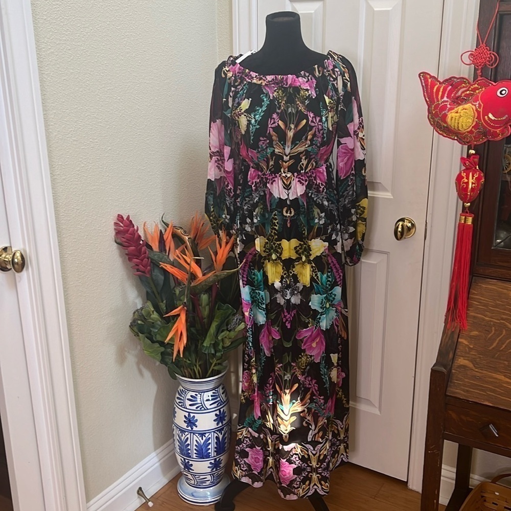 NWT Mirrored Tropical Viscose Georgette Off The Shoulder Beach Maxi Dress small - Picture 2 of 11